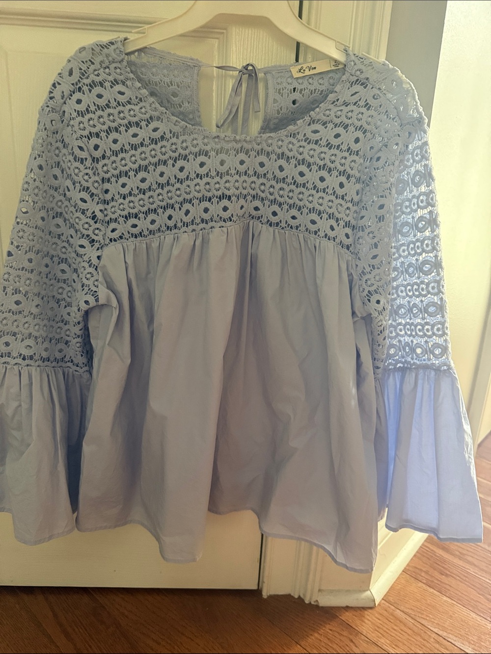 Light Blue Crochet Yoke Bell Sleeve Women's Top